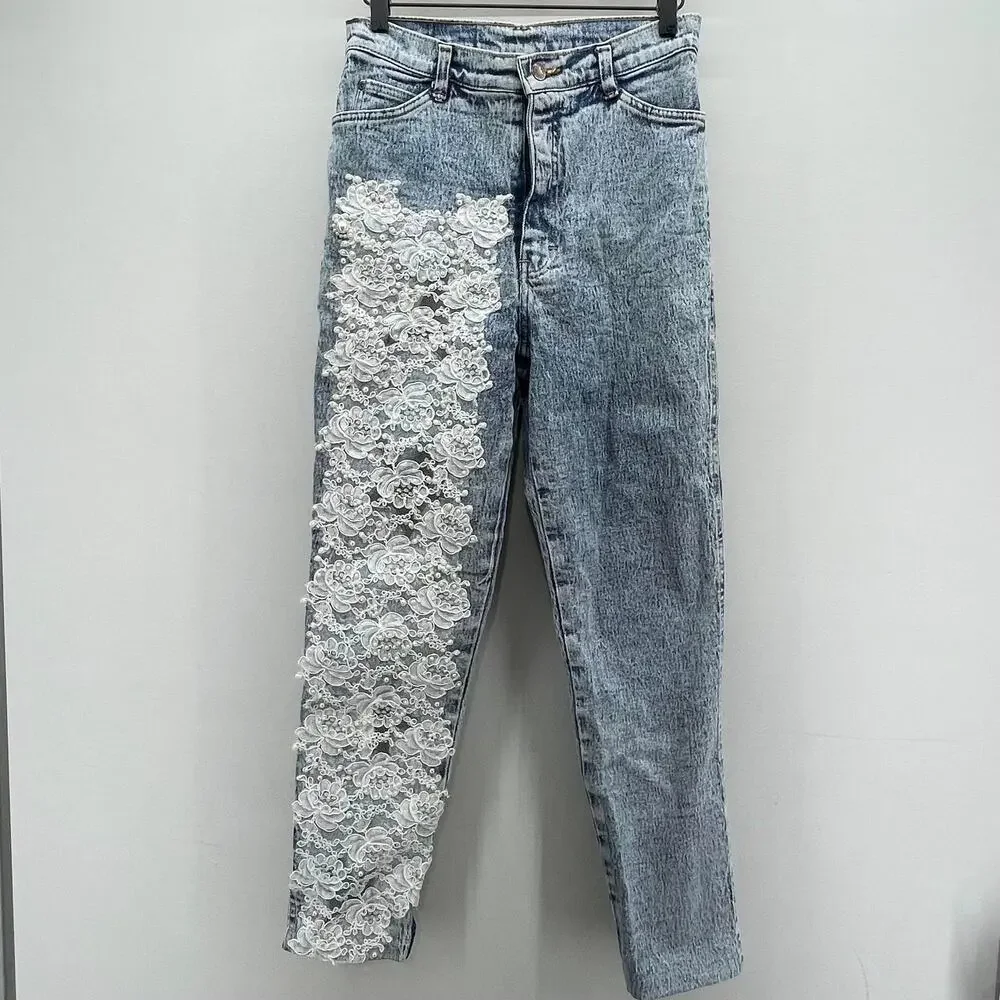 Vintage Sierra West High Rise Acid Wash Denim Handmade Lace Pearls‎ Stars Jean